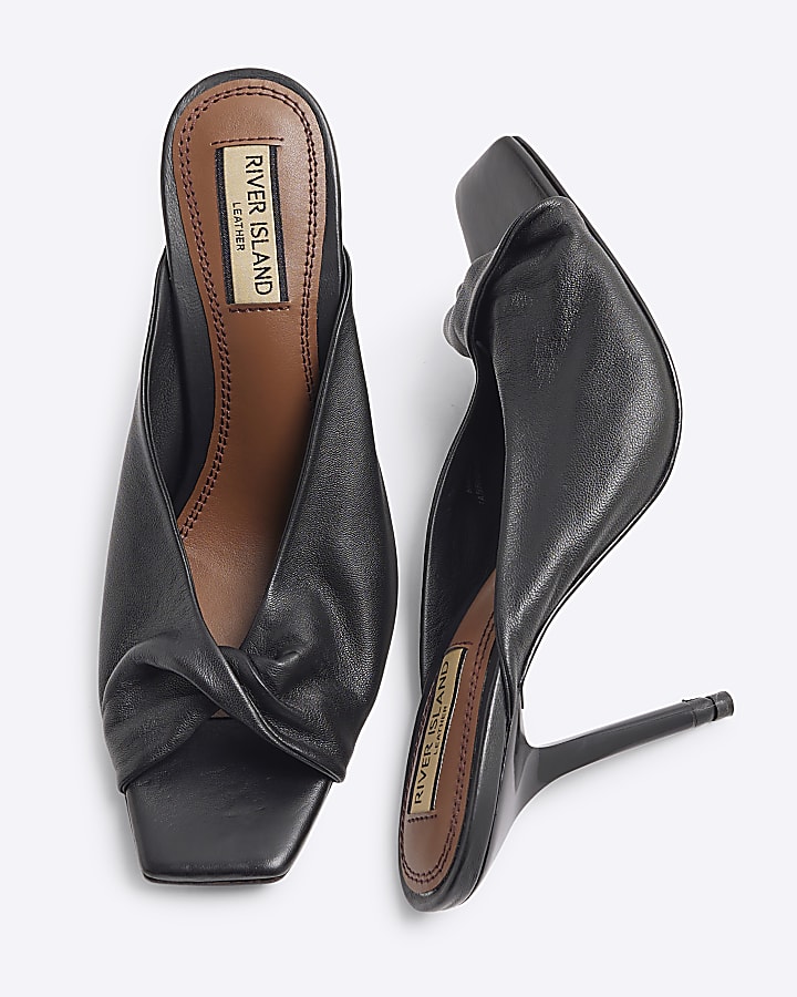 Black Leather Twist High Heeled Mules