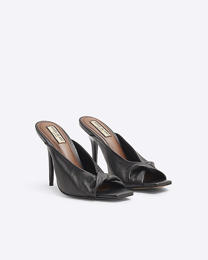 Black Leather Twist High Heeled Mules