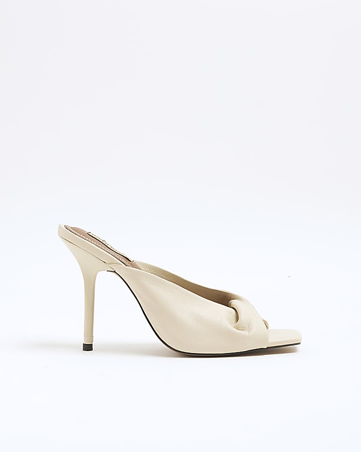 Cream Leather Twist High Heeled Mules