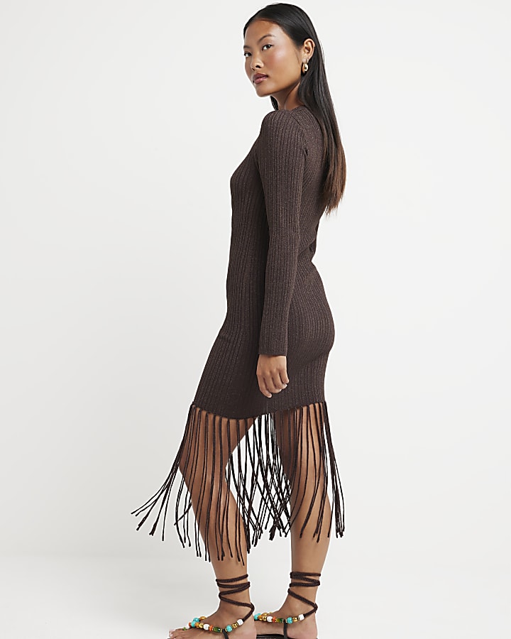 Petite brown metallic fringe midi dress