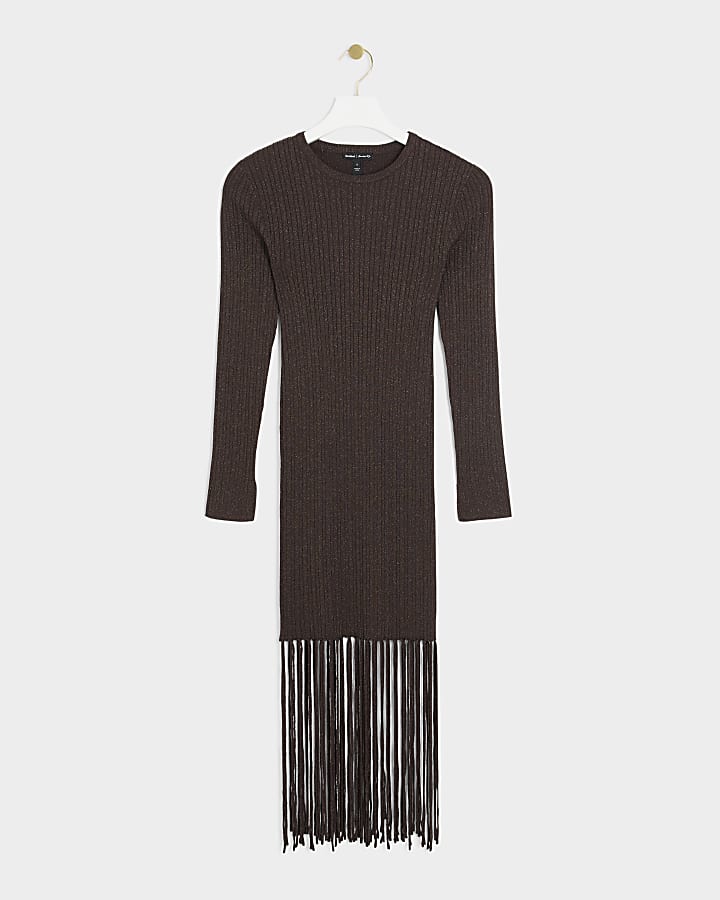 Petite brown metallic fringe midi dress