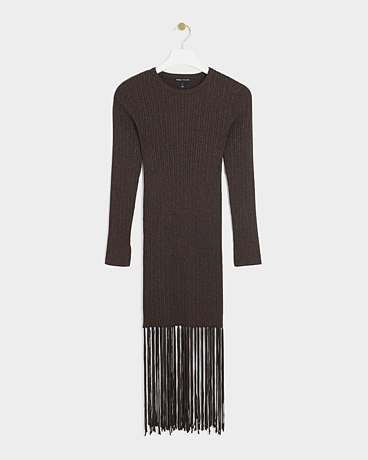 Petite brown metallic fringe midi dress