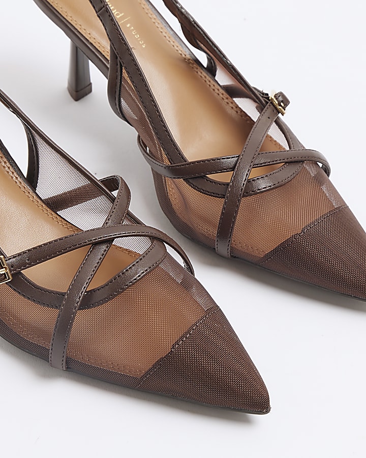 Brown Mesh Sling Back Heeled Court Shoes