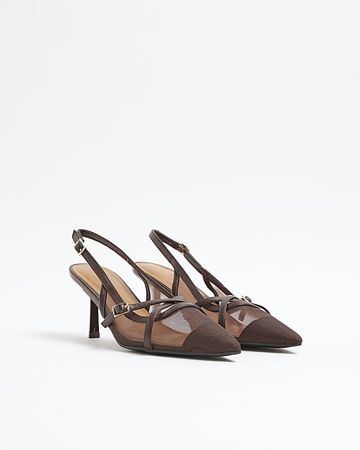 Brown Mesh Sling Back Heeled Court Shoes