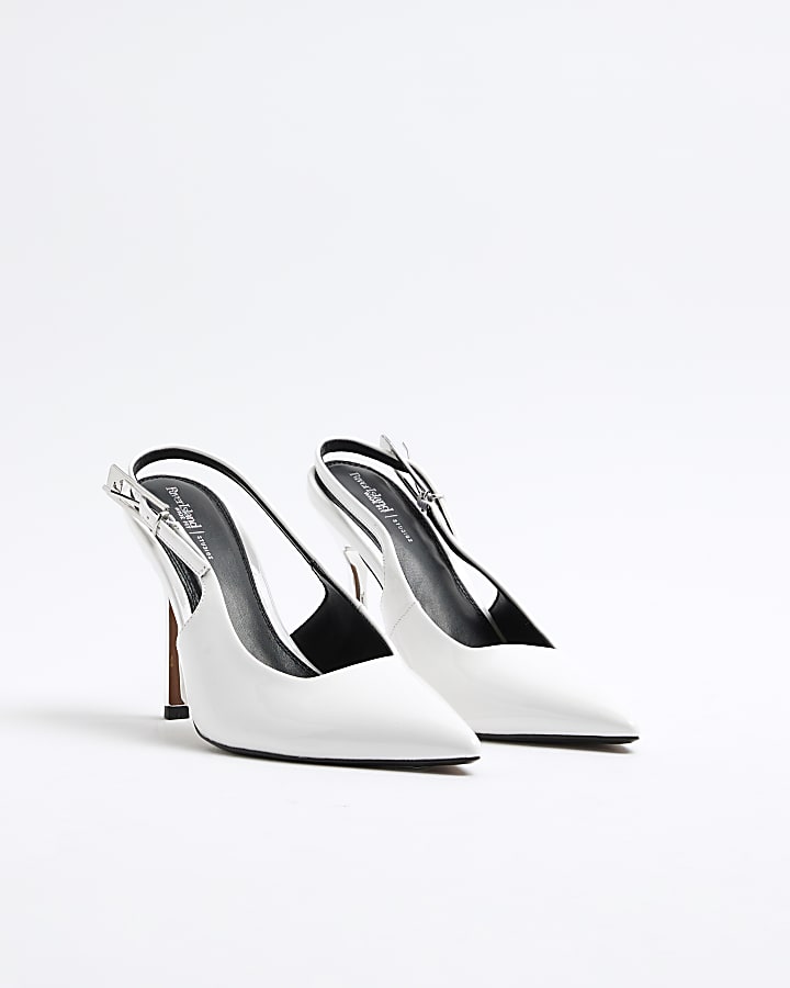 White Wide Fit Sling Back Buckle Court Shoes