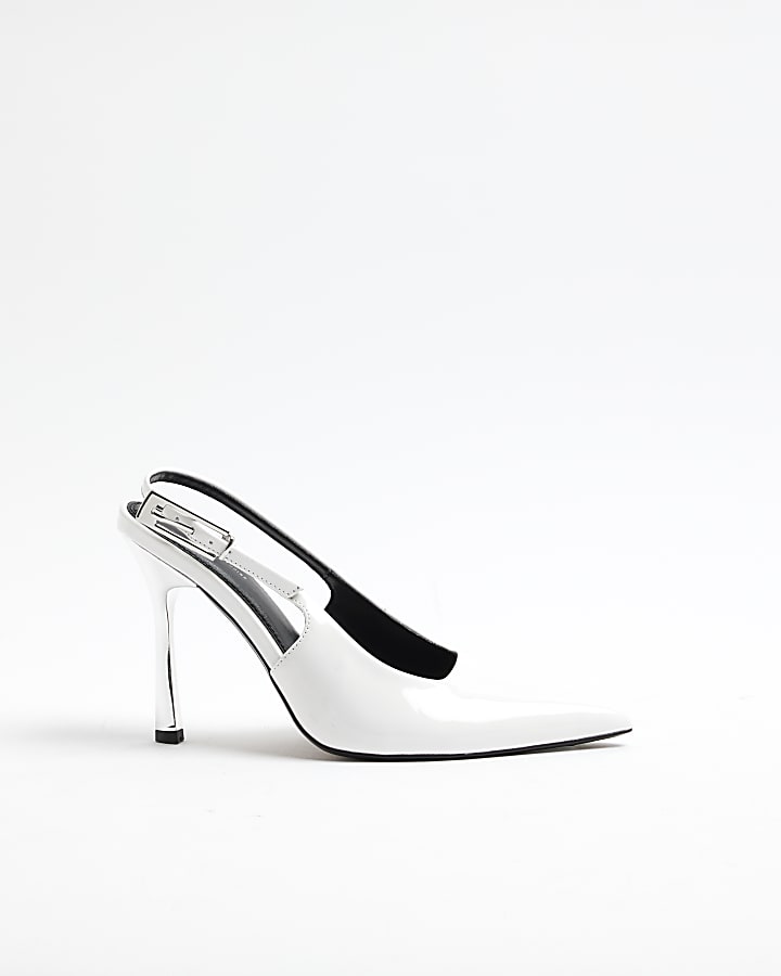 White Wide Fit Sling Back Buckle Court Shoes