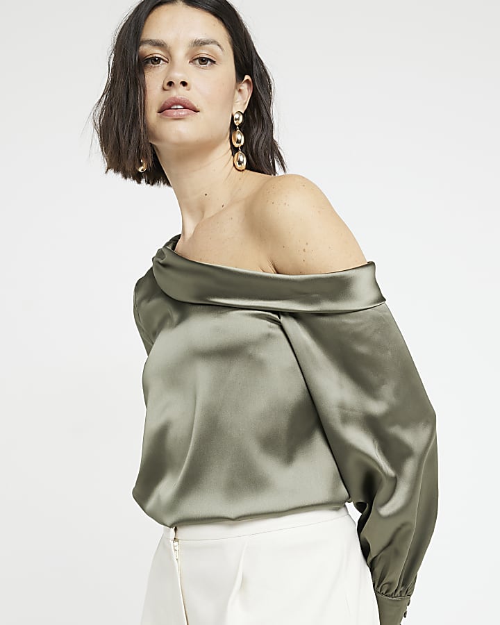 Khaki Satin Off Shoulder Blouse