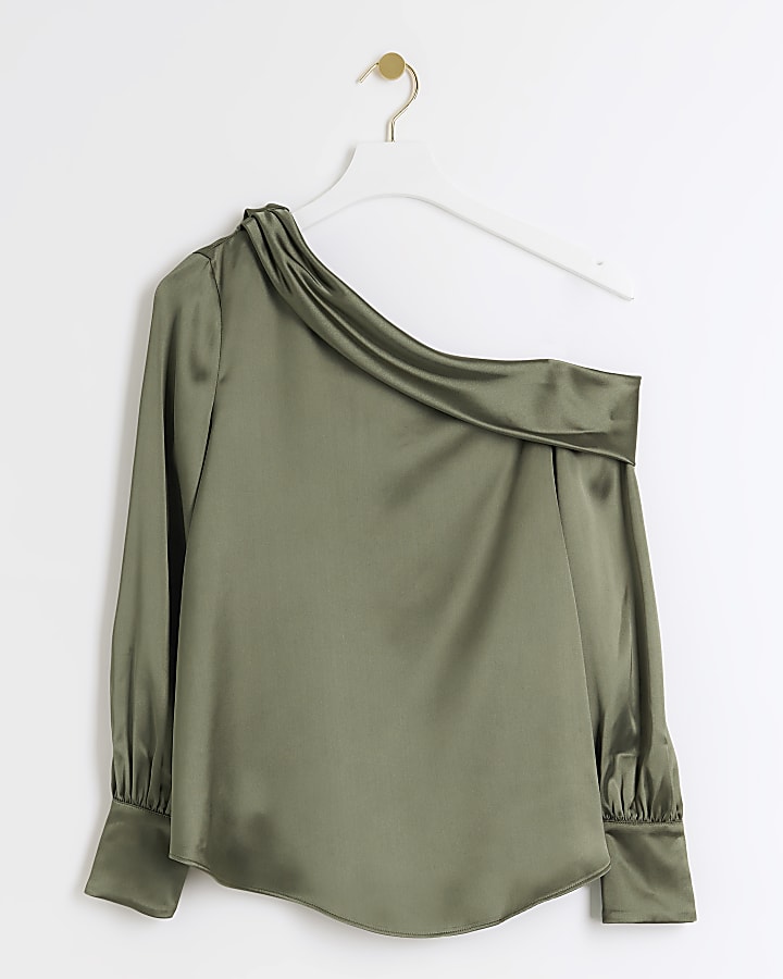 Khaki Satin Off Shoulder Blouse