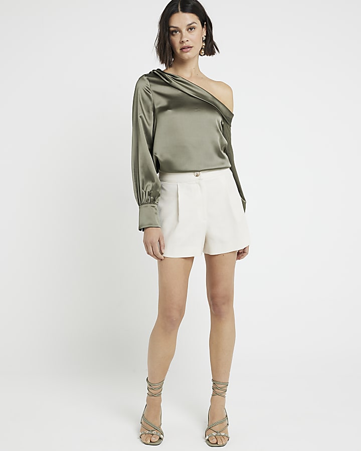 Khaki Satin Off Shoulder Blouse