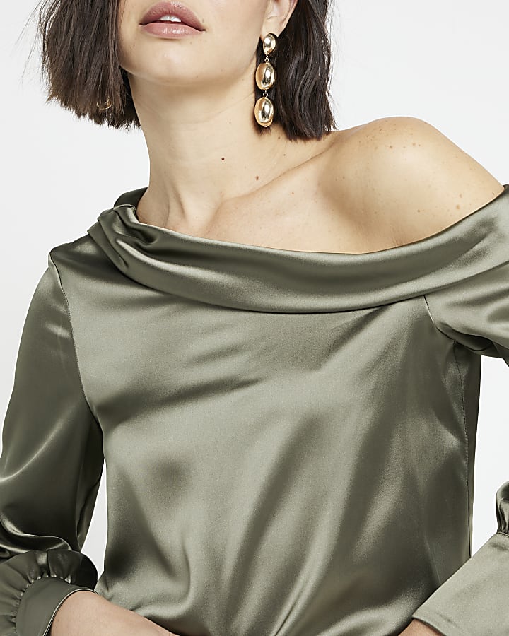 Khaki Satin Off Shoulder Blouse