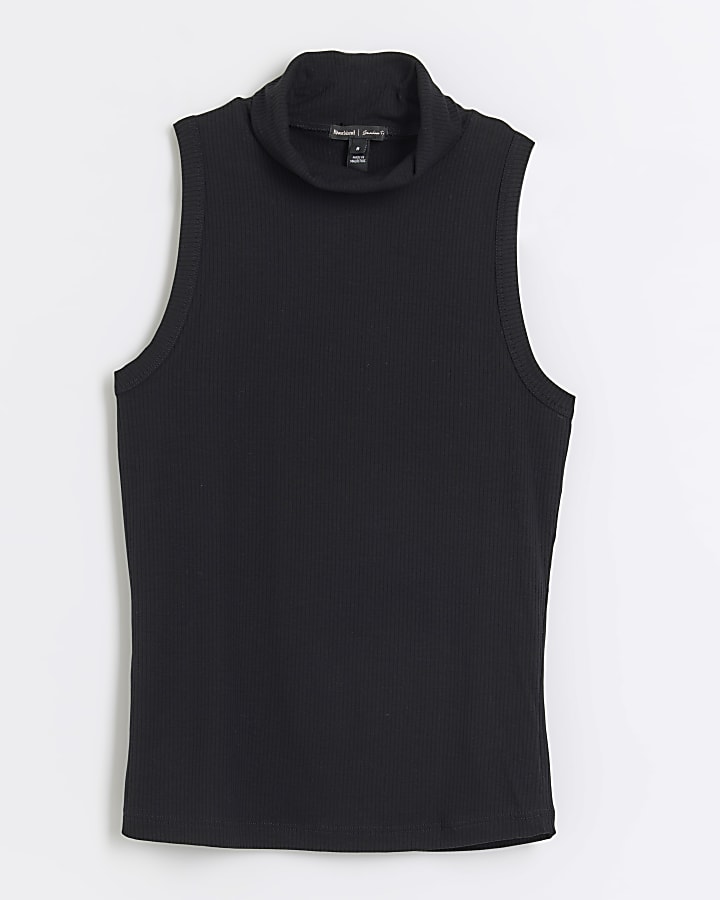 Black ribbed roll neck tank top