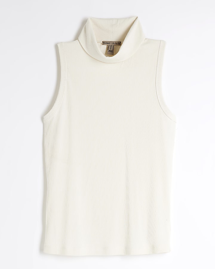 Cream Ribbed Roll Neck Tank Top