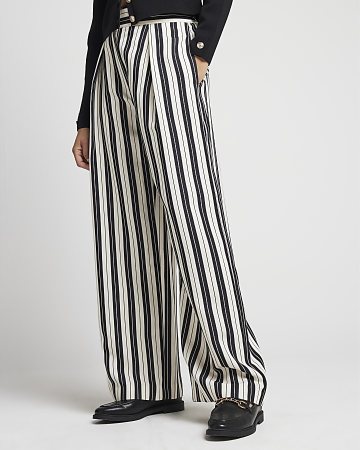 Black Stripe Wide Leg Pleated Trousers