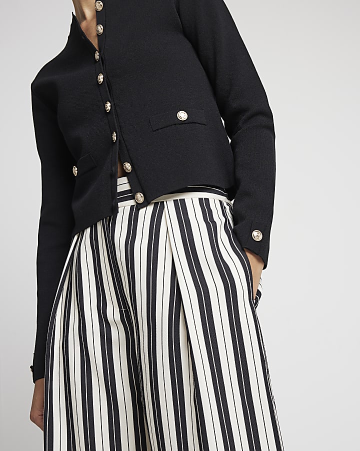 Black Stripe Wide Leg Pleated Trousers