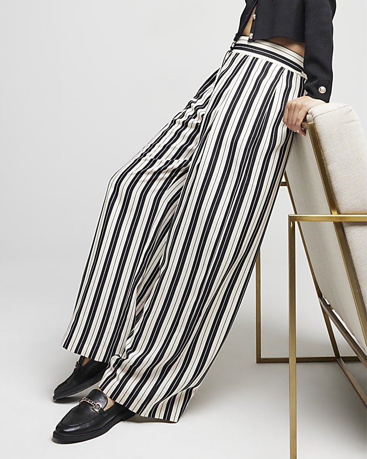 Black Stripe Wide Leg Pleated Trousers