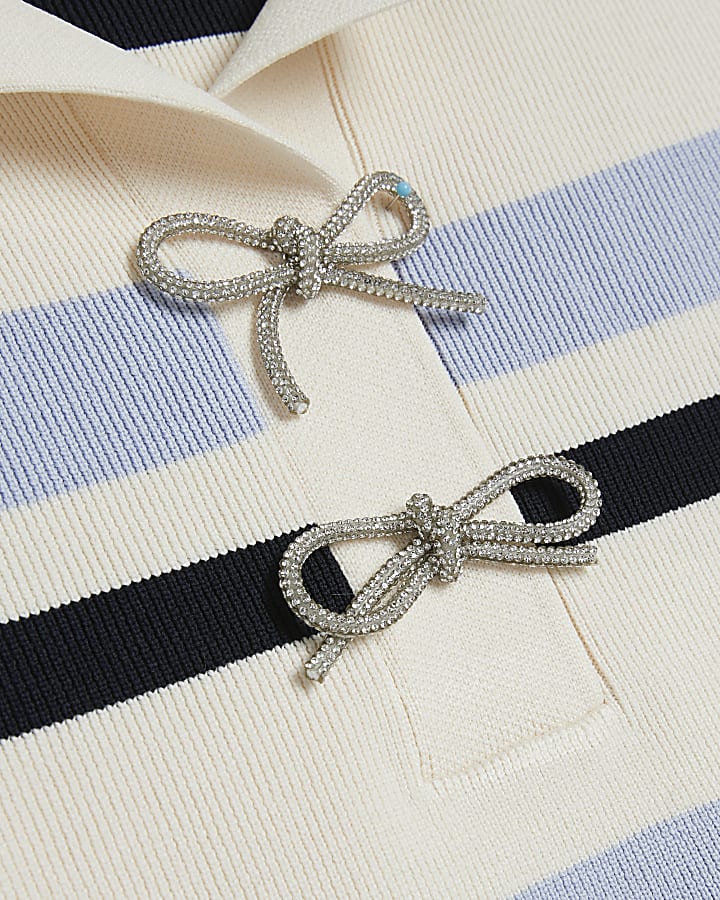 Blue knit stripe bow detail polo t-shirt