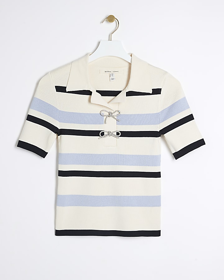 Blue knit stripe bow detail polo t-shirt