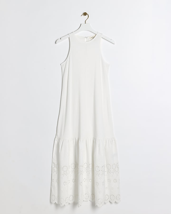 White Broderie Hem Shift Midi Dress