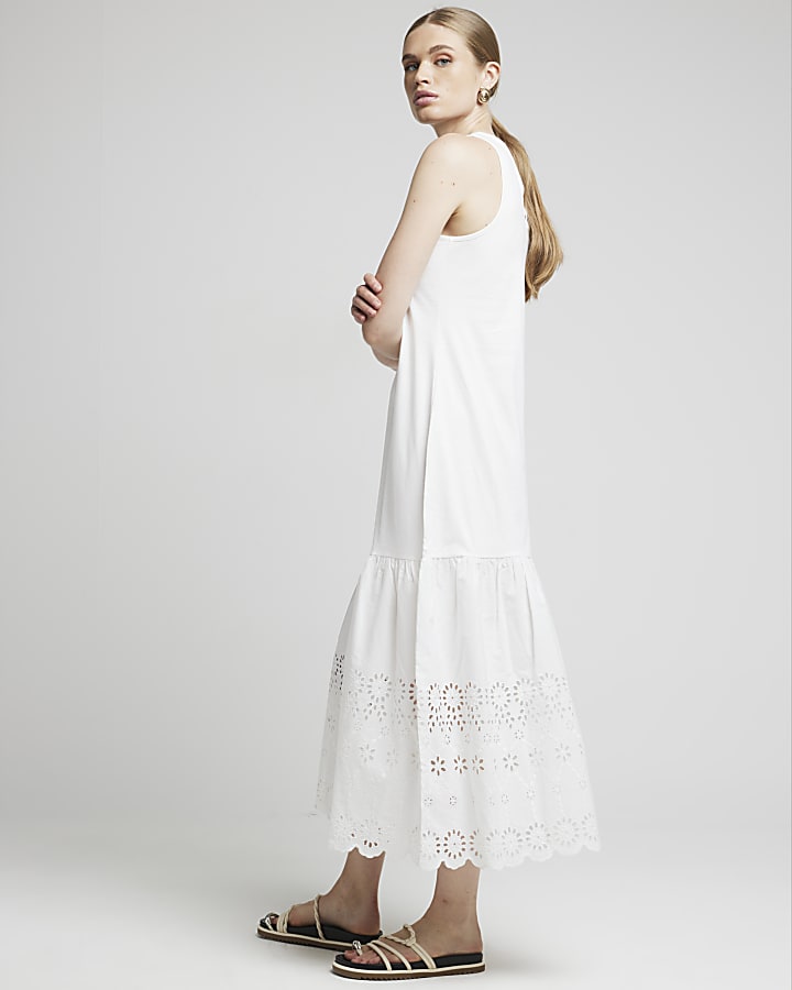 White Broderie Hem Shift Midi Dress