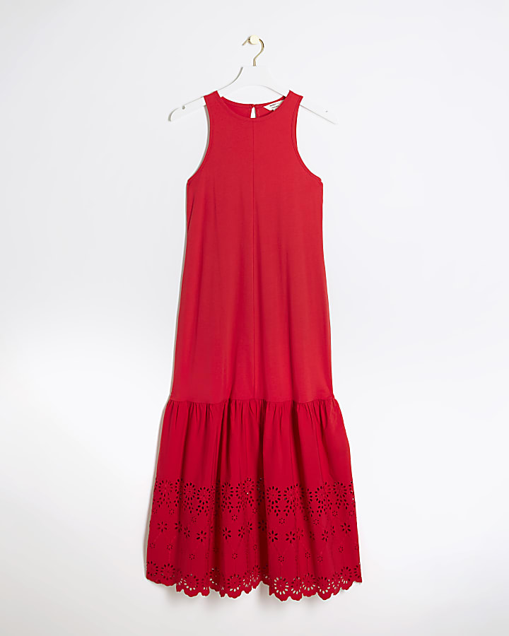 Red Broderie Hem Shift Midi Dress