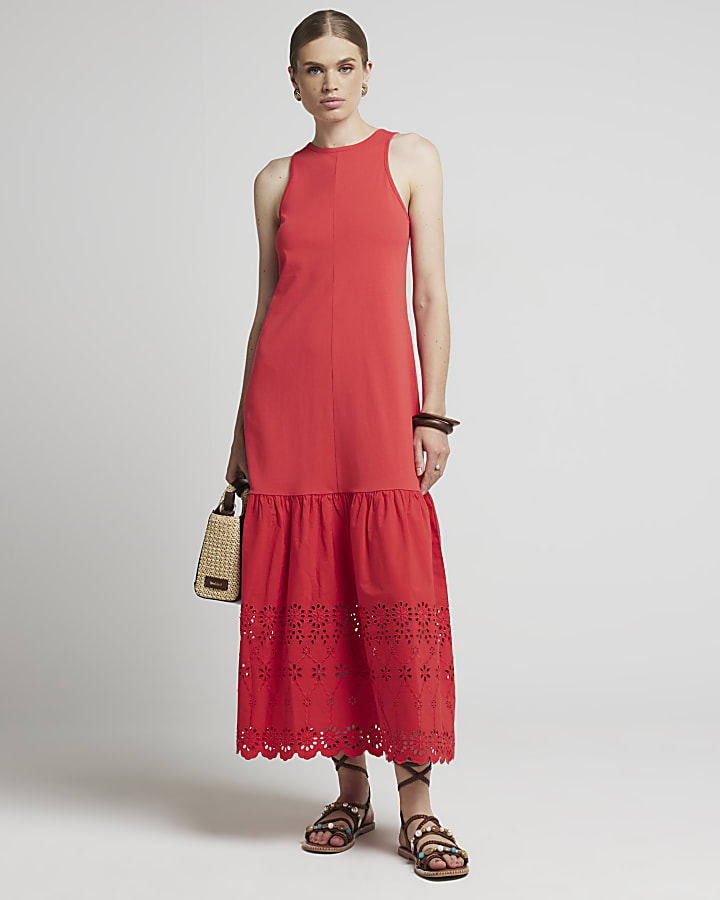 Red Broderie Hem Shift Midi Dress