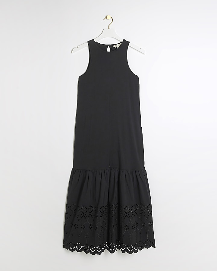 Black Broderie Hem Shift Midi Dress