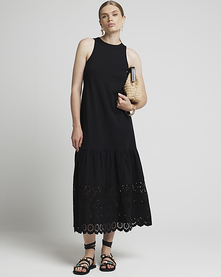 Black Broderie Hem Shift Midi Dress