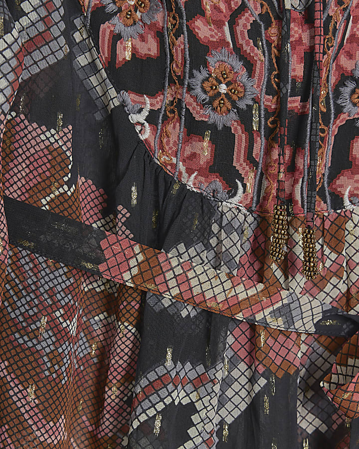 Black Floral Long Sleeve Smock Top