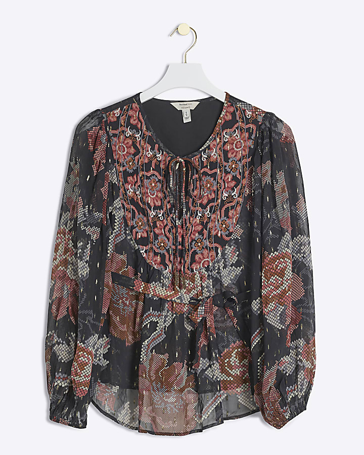 Black Floral Long Sleeve Smock Top