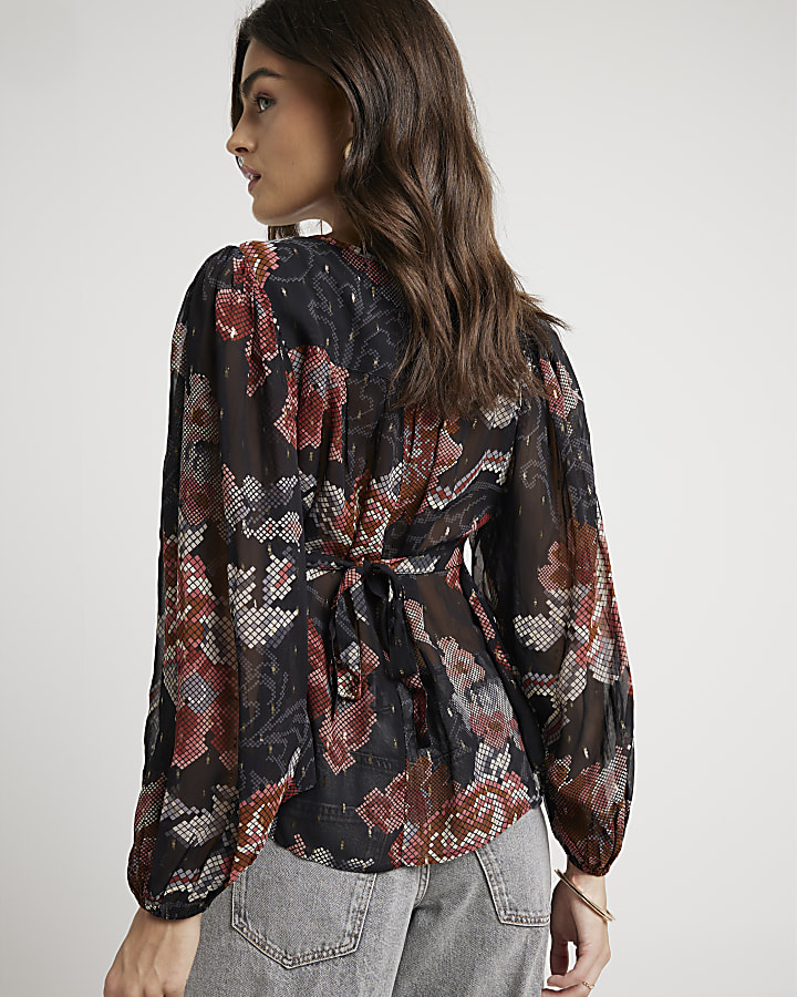 Black Floral Long Sleeve Smock Top