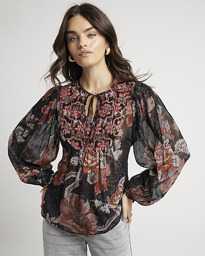 Black Floral Long Sleeve Smock Top