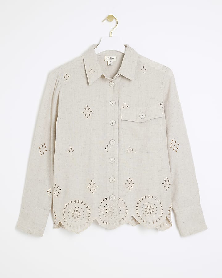 Petite Linen Blend Broderie Detail Shirt