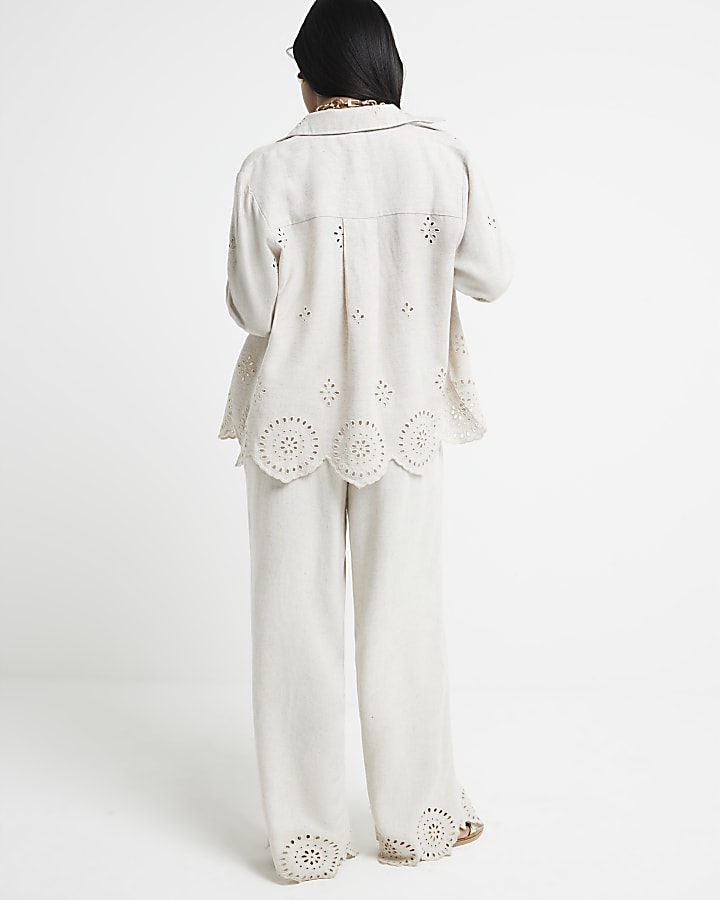 Petite Stone Linen Blend Broderie Trousers