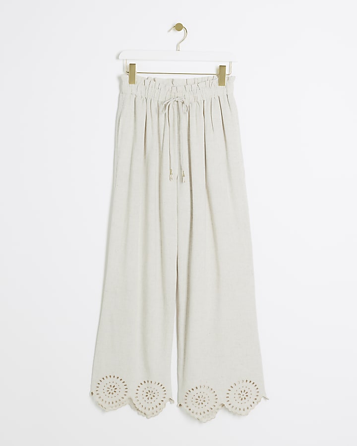 Petite Stone Linen Blend Broderie Trousers