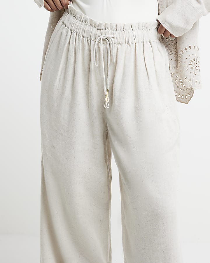 Petite Stone Linen Blend Broderie Trousers