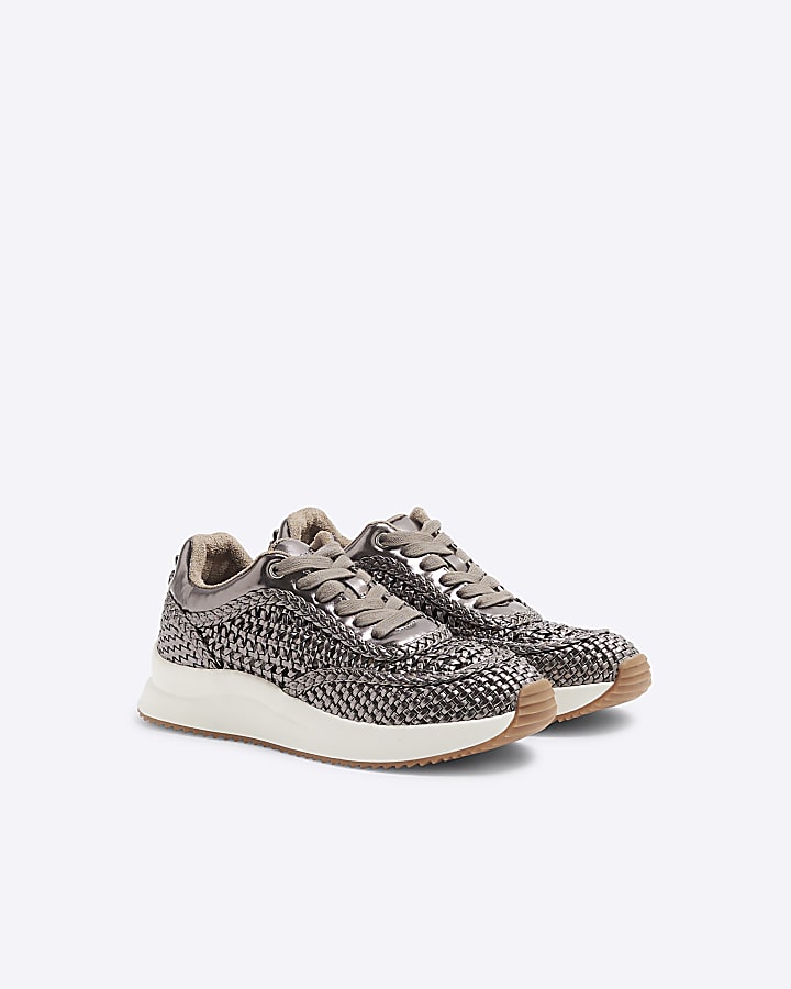 Silver Woven Lace up Trainers