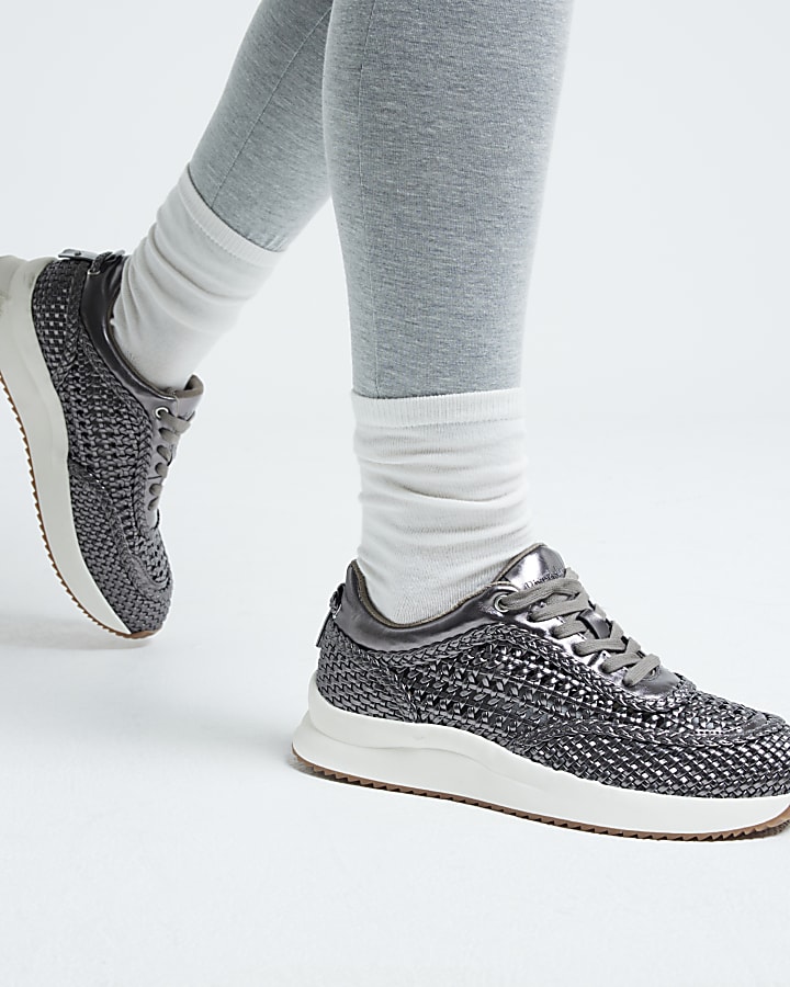 Silver Woven Lace up Trainers River Island