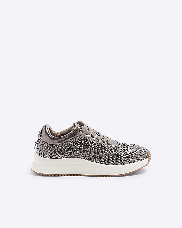 Silver Woven Lace up Trainers