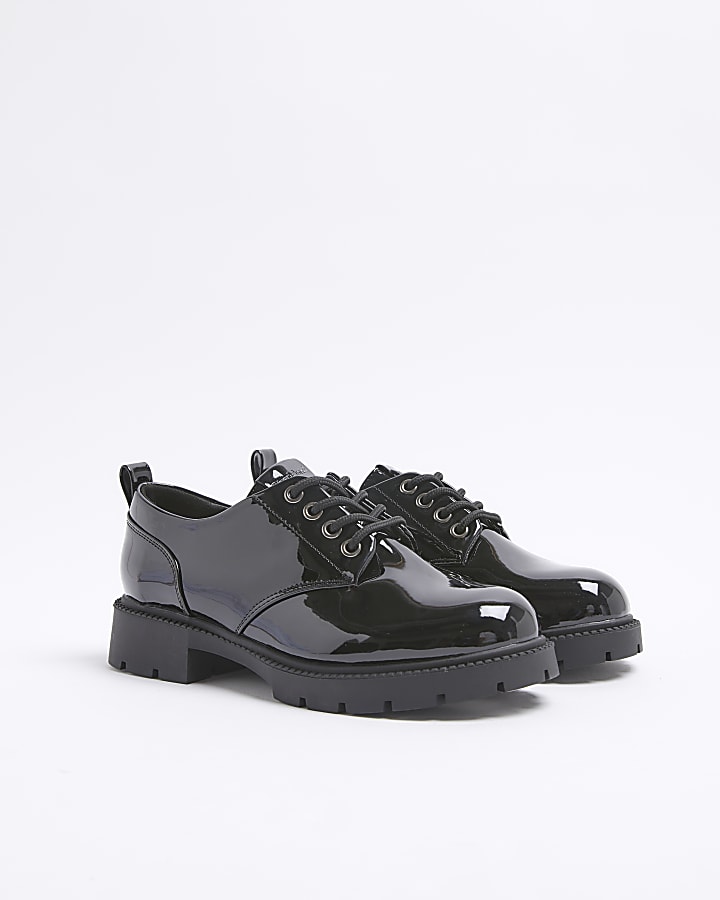 Black Chunky Patent Lace Up Shoes