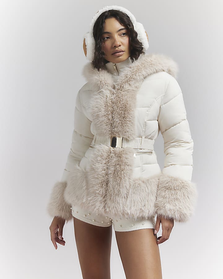 Cream Faux Fur Trim Padded Jacket