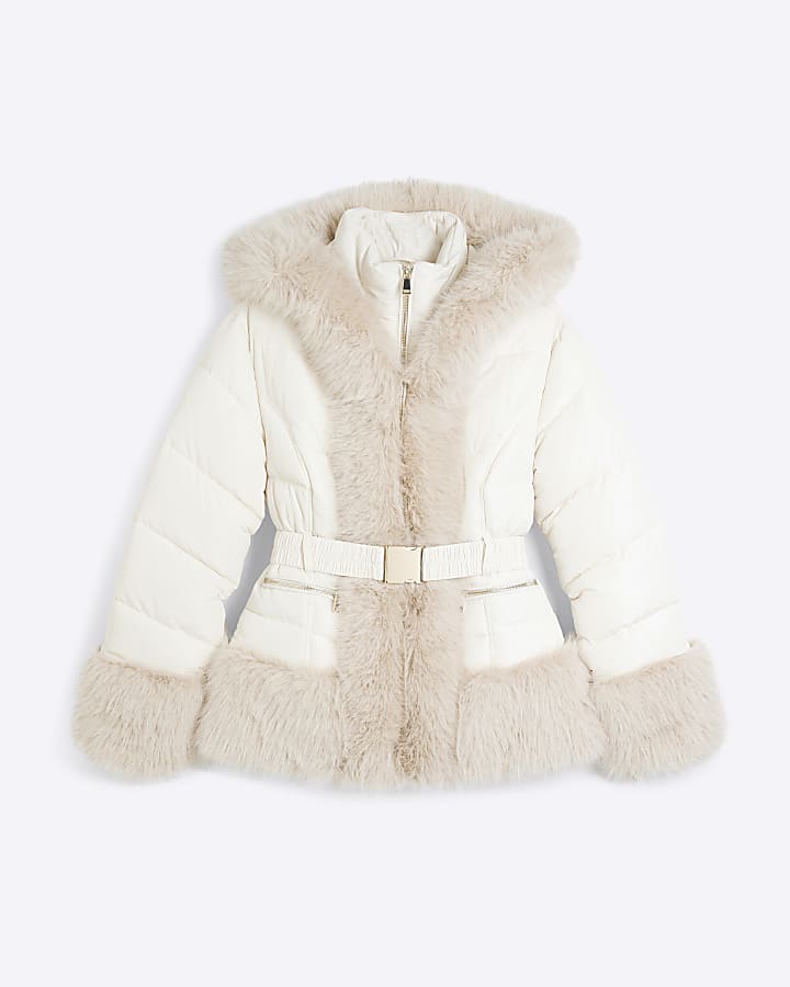 Cream Faux Fur Trim Padded Jacket