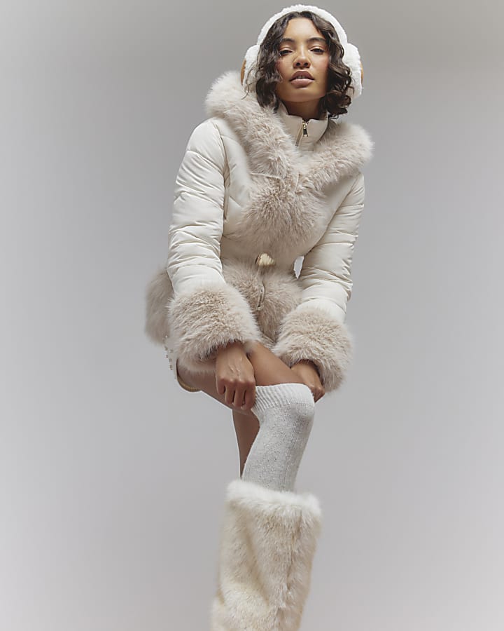 Cream Faux Fur Trim Padded Jacket