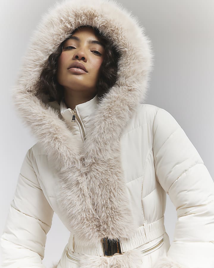 Cream Faux Fur Trim Padded Jacket River Island