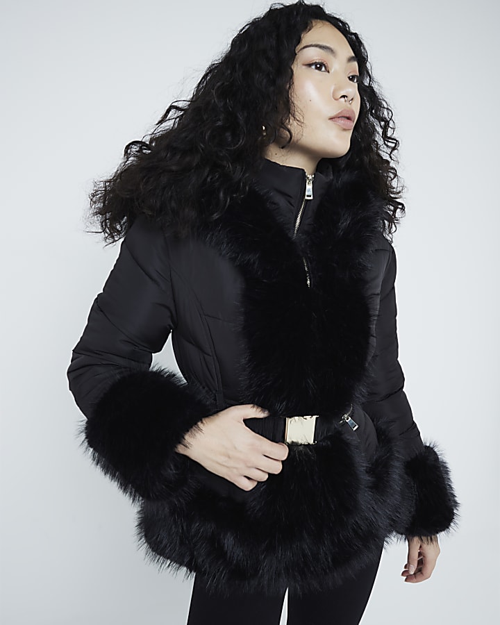 Black faux fur padded jacket