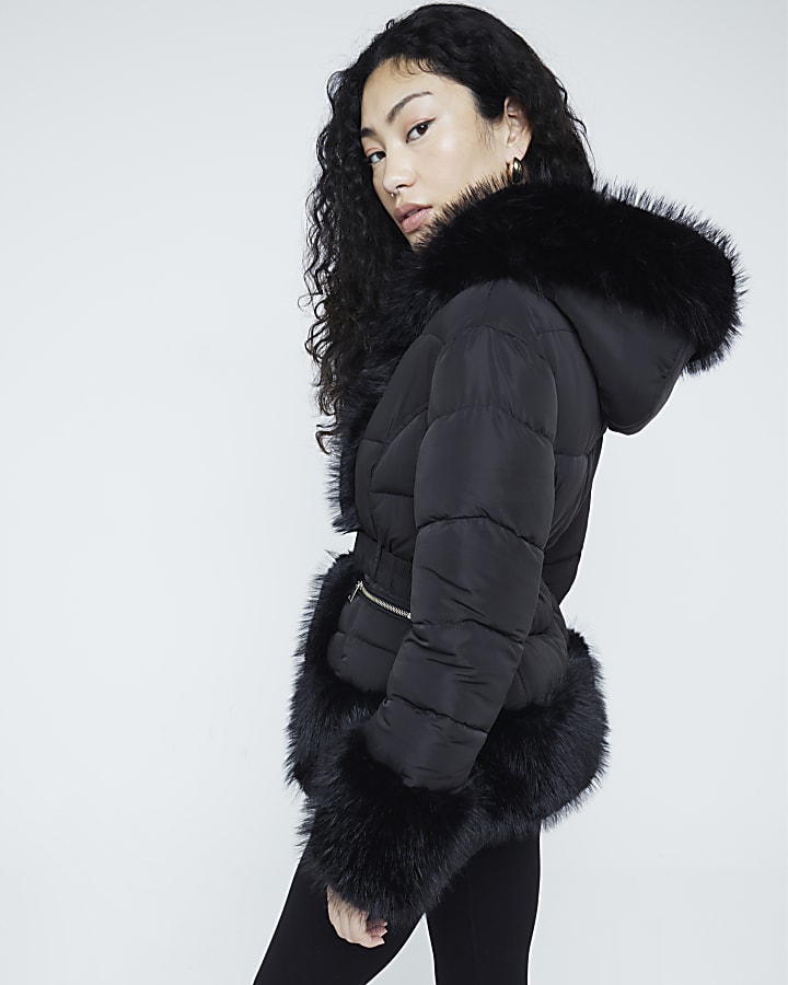 Black faux fur padded jacket