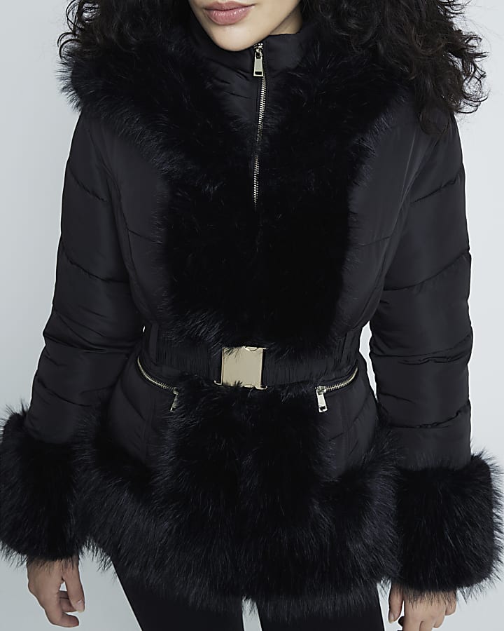 Black faux fur parka coat on sale