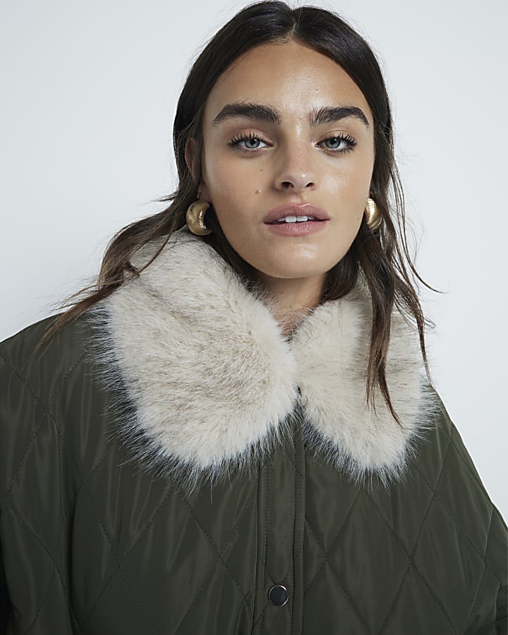 Khaki Quilted Faux Fur Collar Cape Jacket