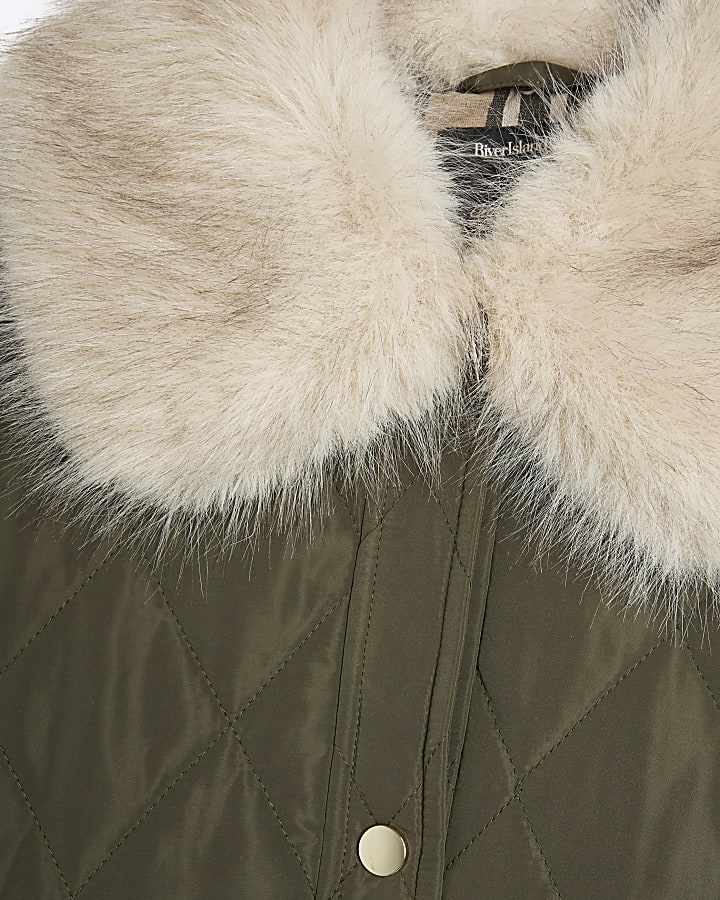 Khaki Quilted Faux Fur Collar Cape Jacket