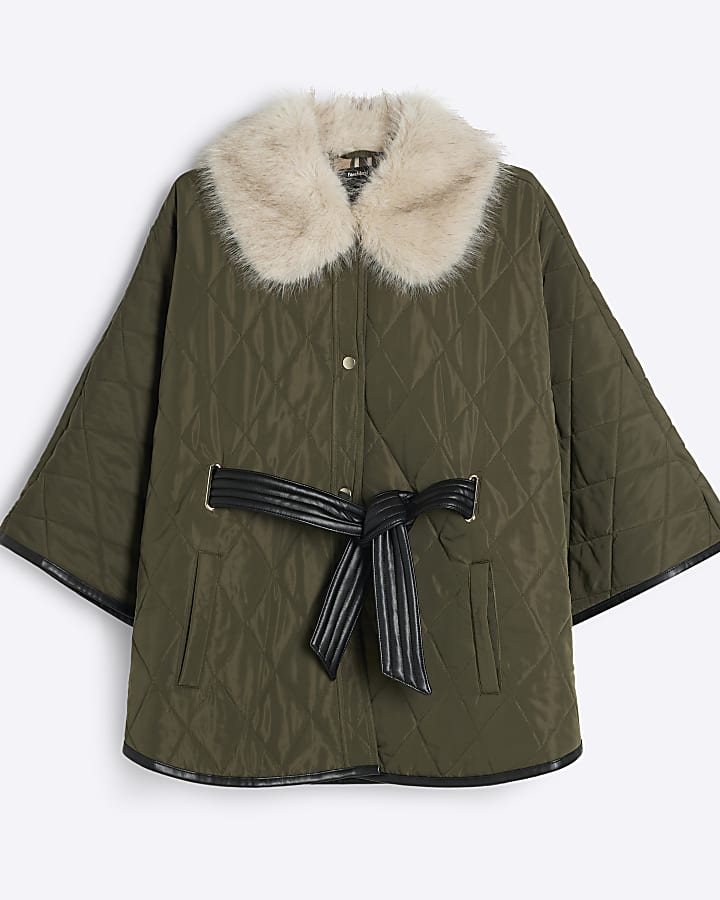 Khaki Quilted Faux Fur Collar Cape Jacket