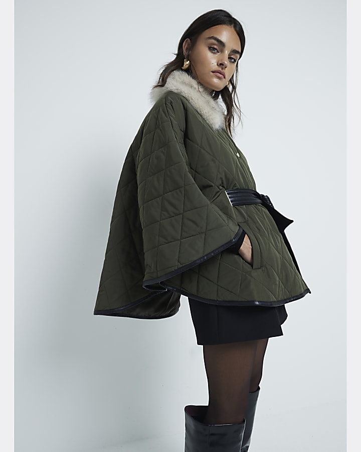 Khaki Quilted Faux Fur Collar Cape Jacket